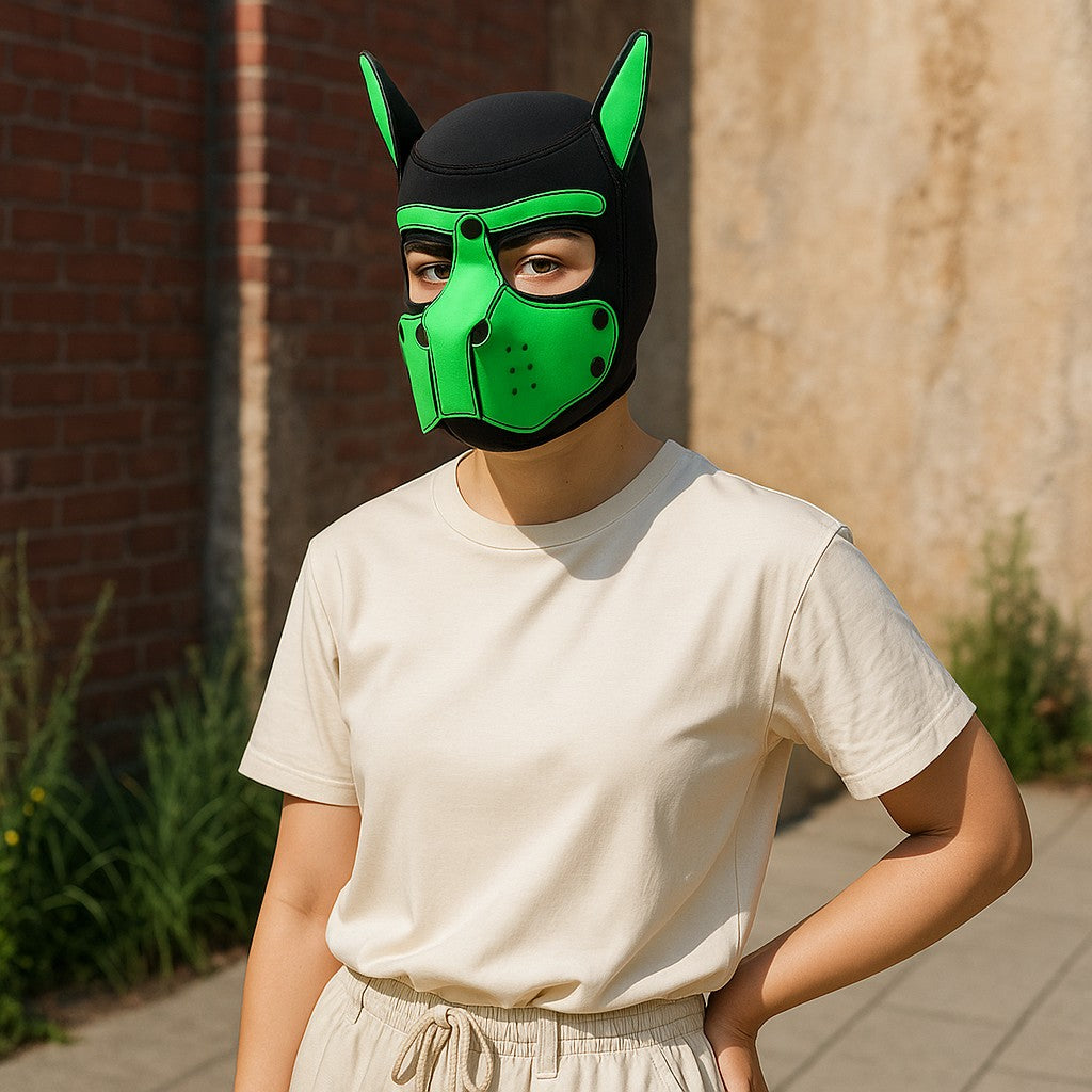 Pup Play Masker – Zwart met Groen | Neopreen Puppy Hood met Afneembare Snuit