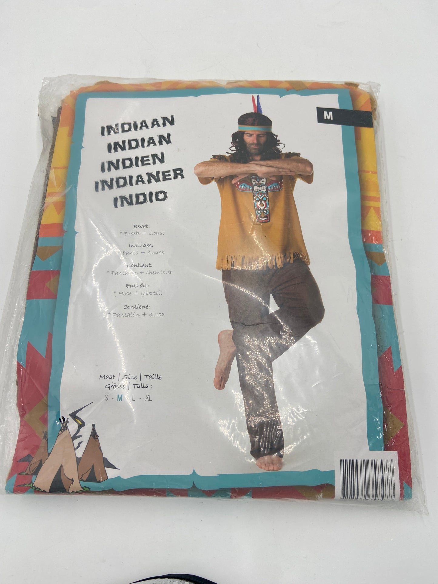Traditioneel Indiaan Verkleedkostuum – Brons Shirt met Totem Print & Donkerbruine Broek (Maat M)