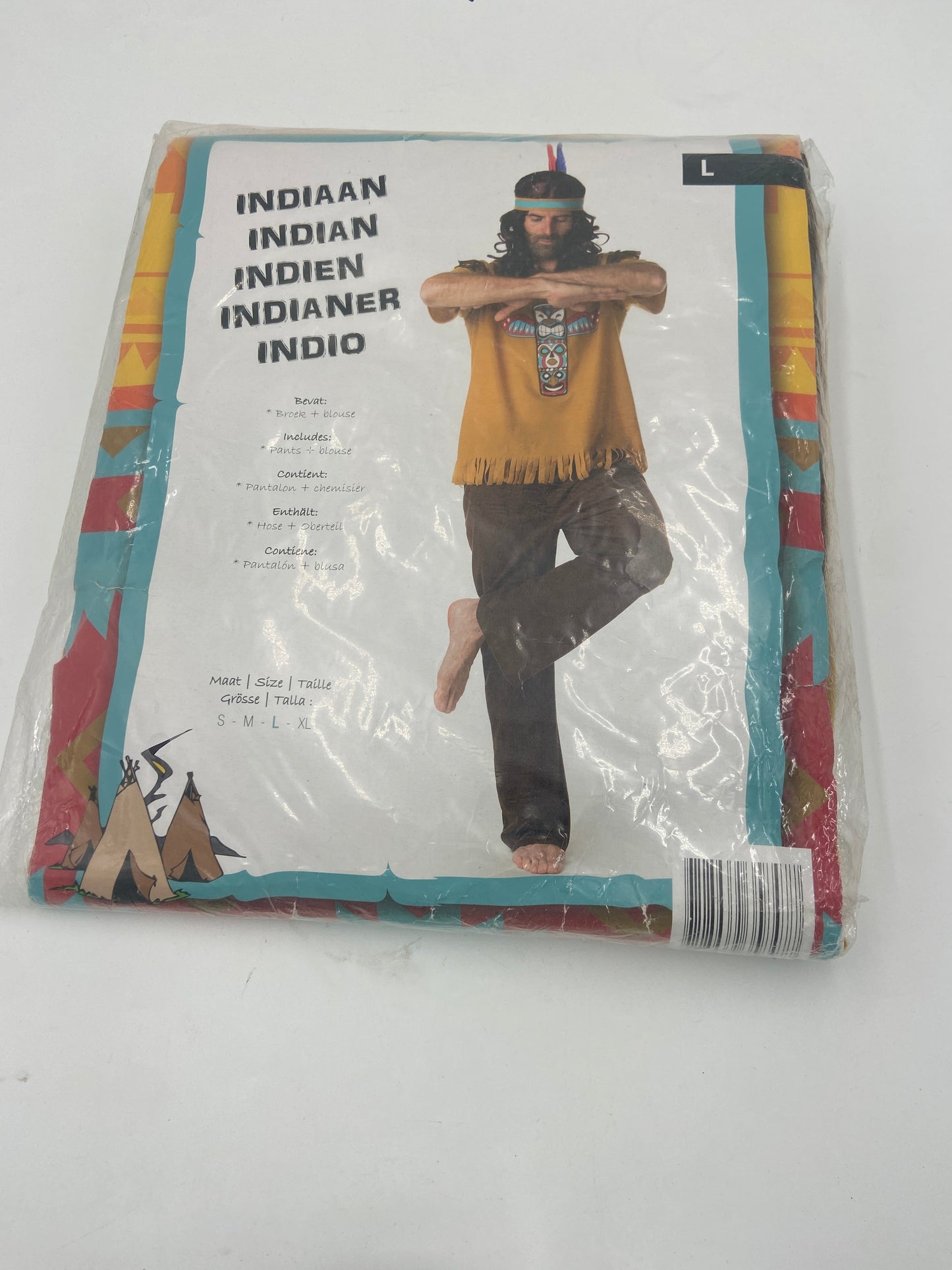 Traditioneel Indiaan Verkleedkostuum – Brons Shirt met Totem Print & Donkerbruine Broek (Maat M)