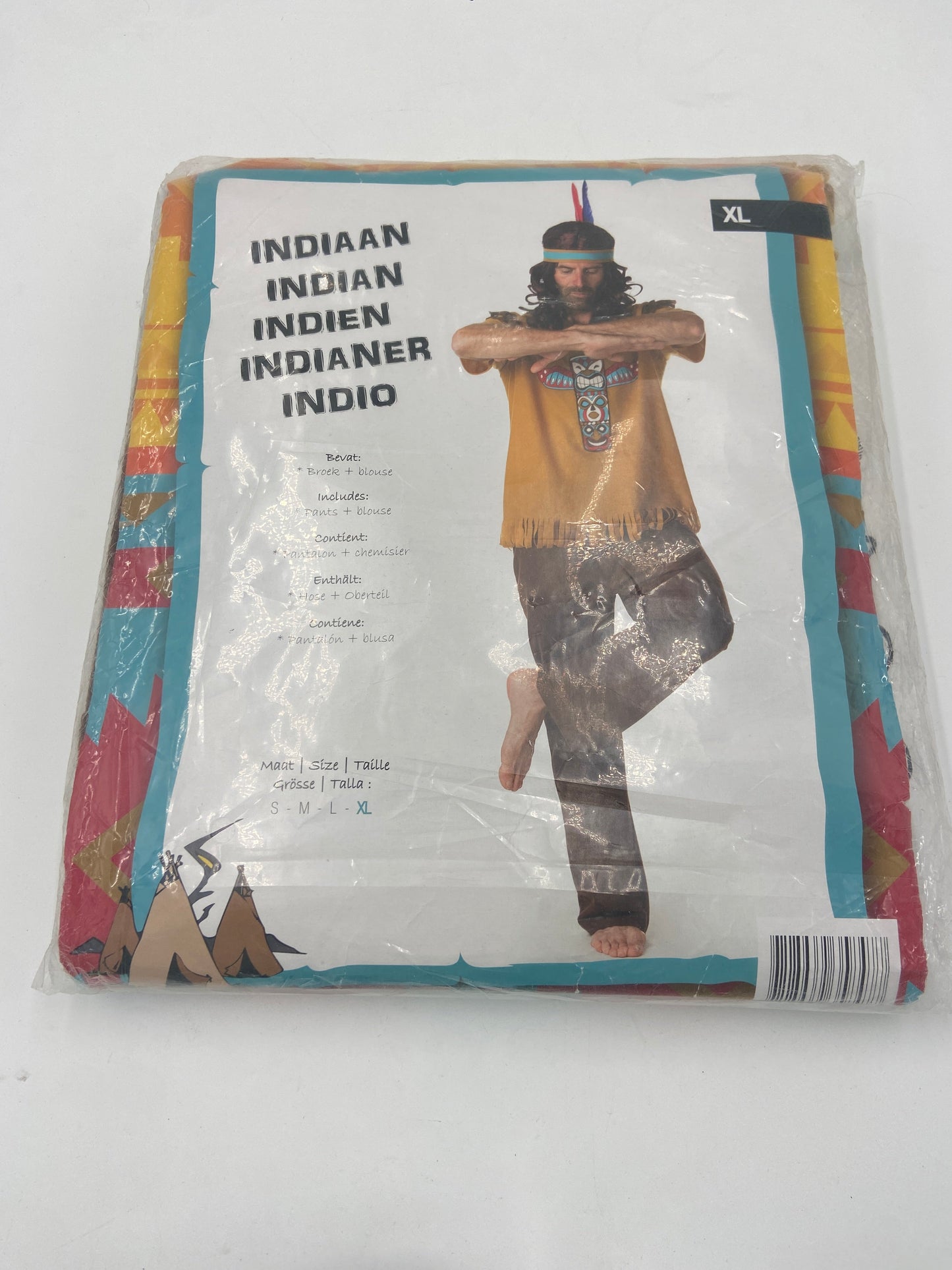 Traditioneel Indiaan Verkleedkostuum – Brons Shirt met Totem Print & Donkerbruine Broek (Maat M)