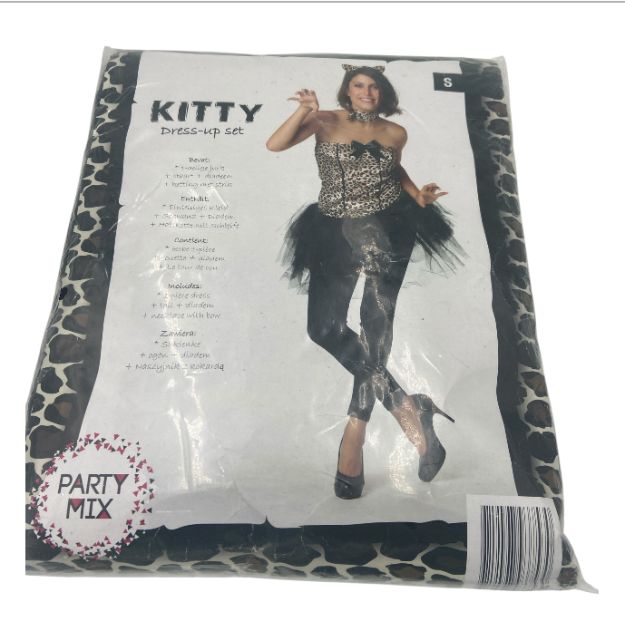 Kitty Verkleedset Panterprint – Dames Kostuum – Maat S / M / L – Jurk met Staart en Oortjes