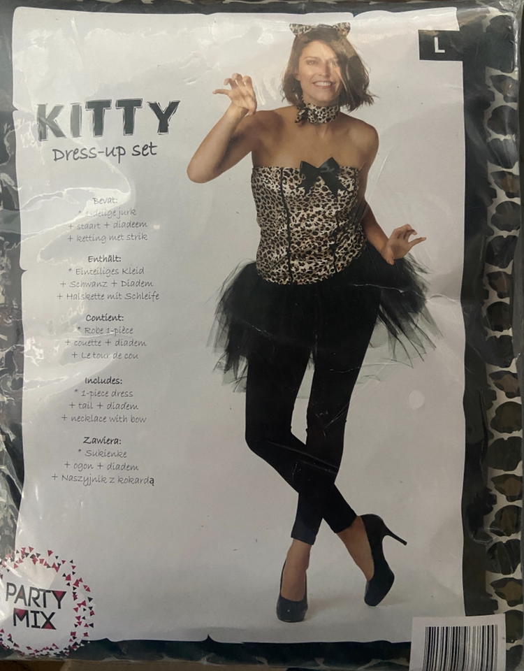 Kitty Verkleedset Panterprint – Dames Kostuum – Maat S / M / L – Jurk met Staart en Oortjes