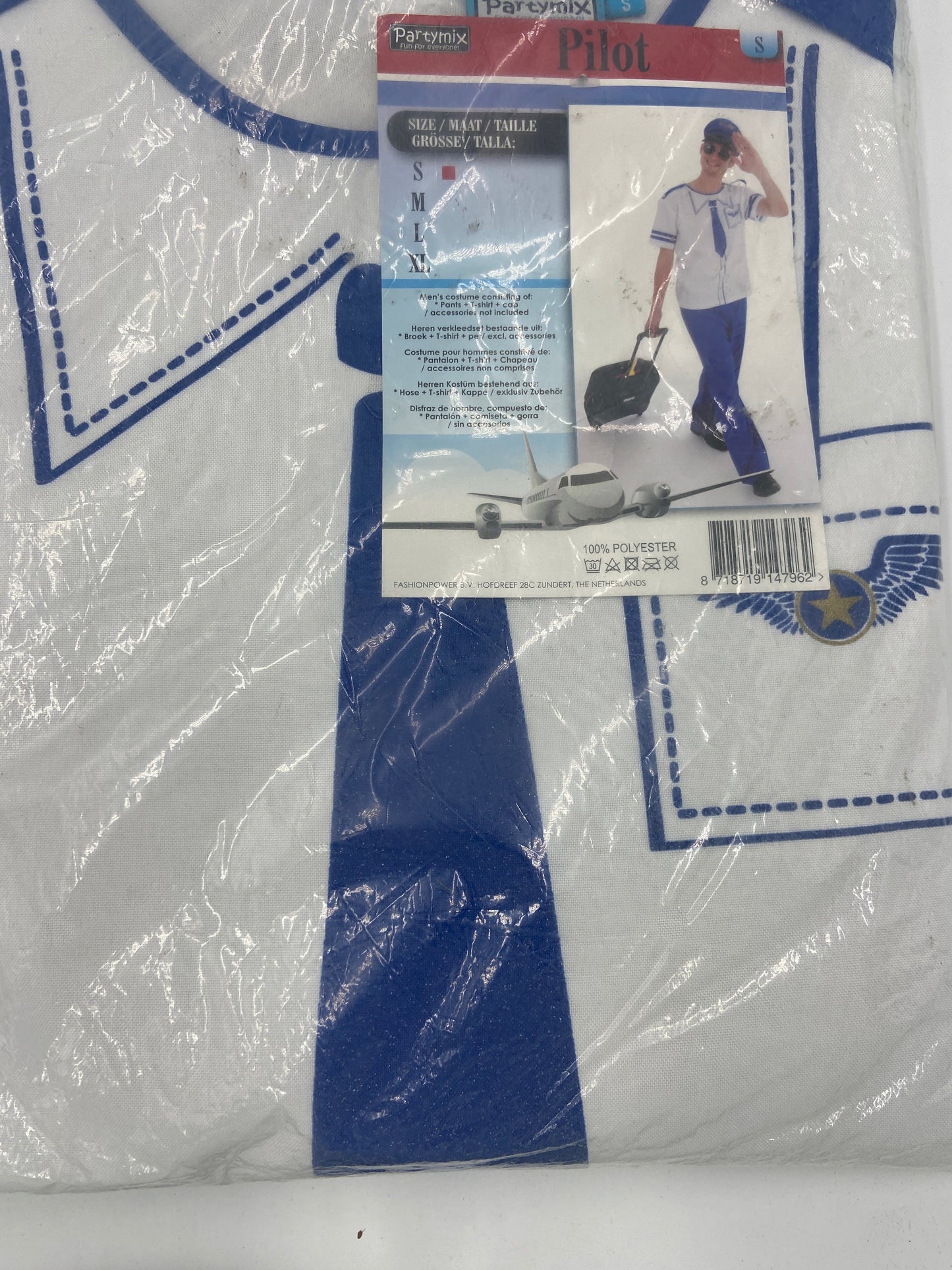 Piloten Verkleedkostuum Heren – Inclusief Shirt, Broek & Pet – Blauw/Wit