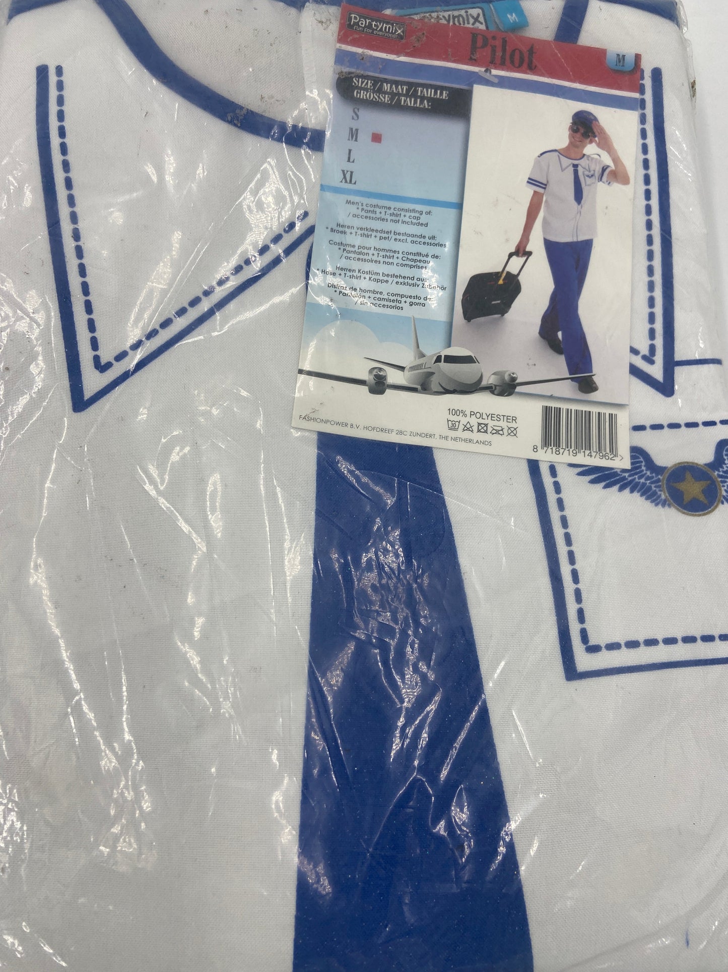 Piloten Verkleedkostuum Heren – Inclusief Shirt, Broek & Pet – Blauw/Wit