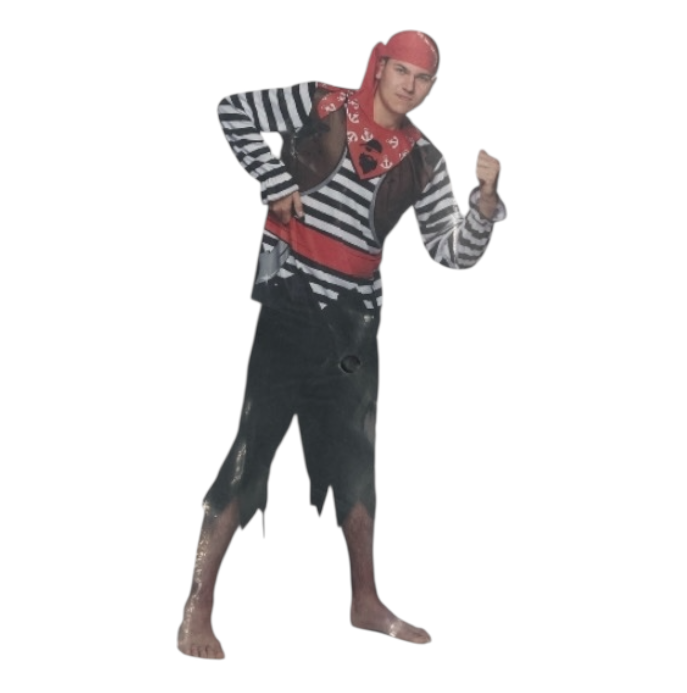 Piraat Verkleedkostuum Heren – Gestreept Shirt met Broek, Gilet en Bandana