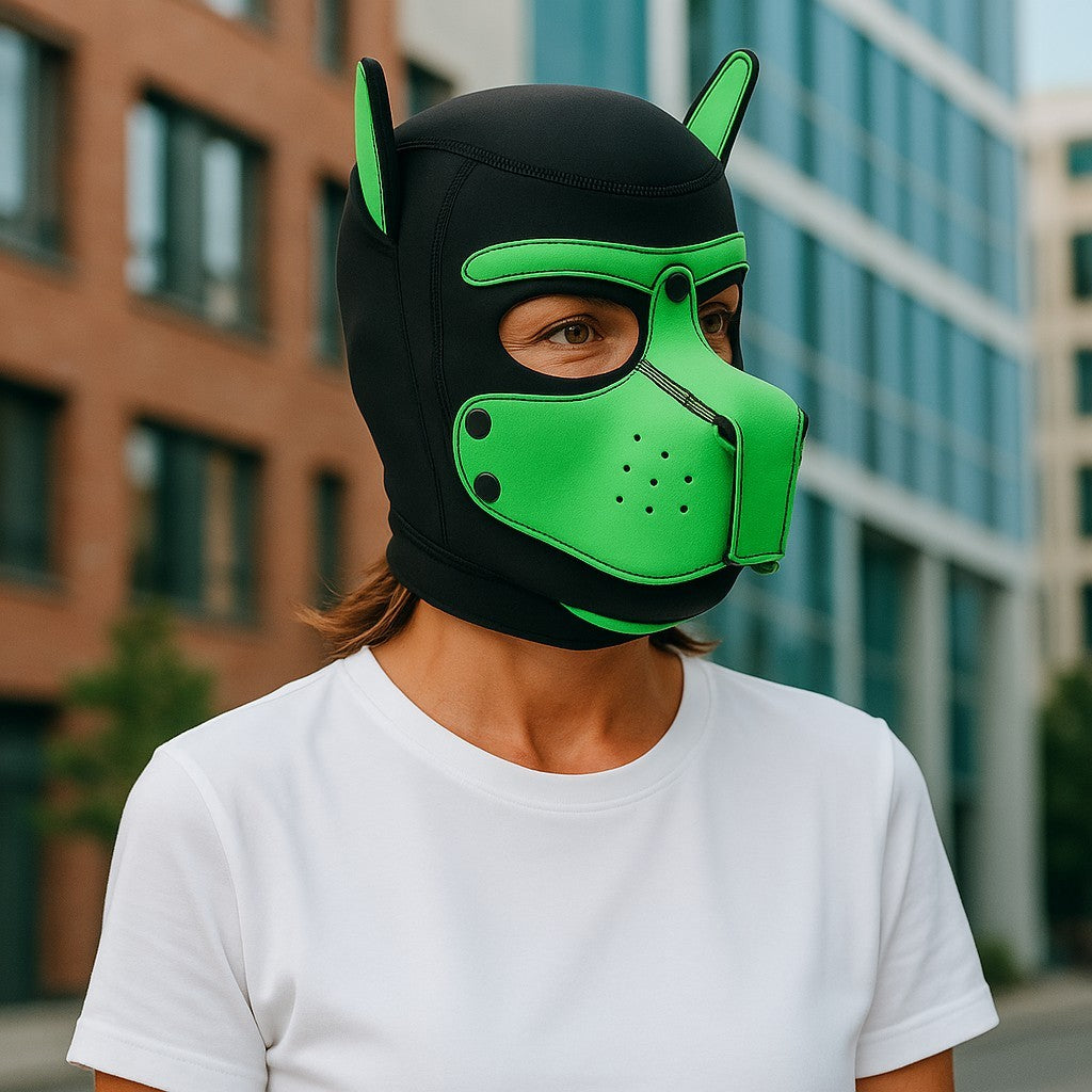 Pup Play Masker – Zwart met Groen | Neopreen Puppy Hood met Afneembare Snuit