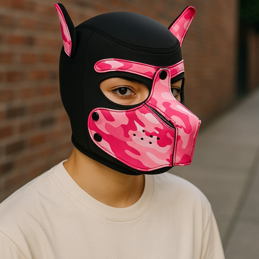 Pup Play Masker – Roze Camouflage Puppy Hood | Neopreen met Afneembare Snuit