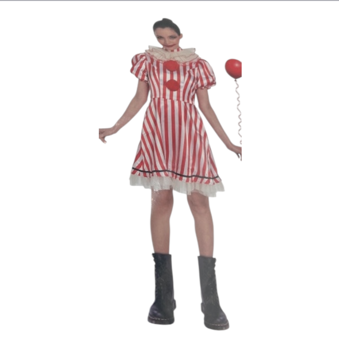 Vrouwelijk Clownkostuum met Rode-Witte Strepen – Jurk met Pompons & Ruches Maat L