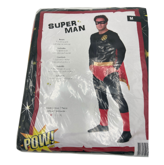 Superheld Kostuum voor Mannen – Zwart met Rode Cape & Gouden Riem (Maat M)