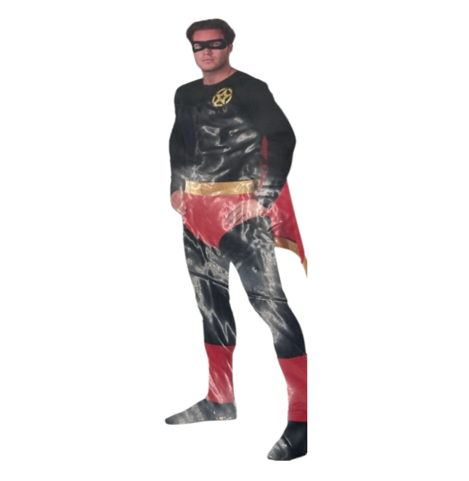 Superheld Kostuum voor Mannen – Zwart met Rode Cape & Gouden Riem (Maat M)