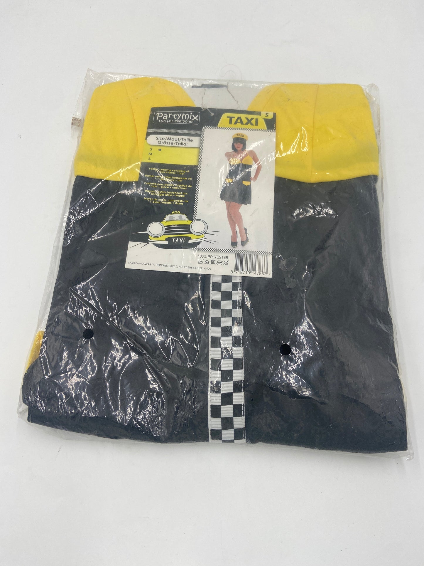 Sexy Taxi Verkleedjurk Dames – Zwart Geel Kostuum met Pet – Maat S / M / L