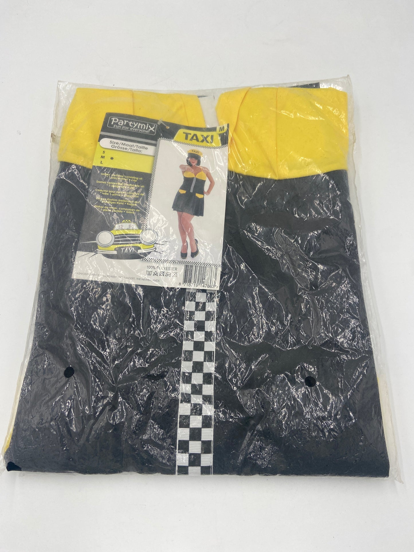 Sexy Taxi Verkleedjurk Dames – Zwart Geel Kostuum met Pet – Maat S / M / L