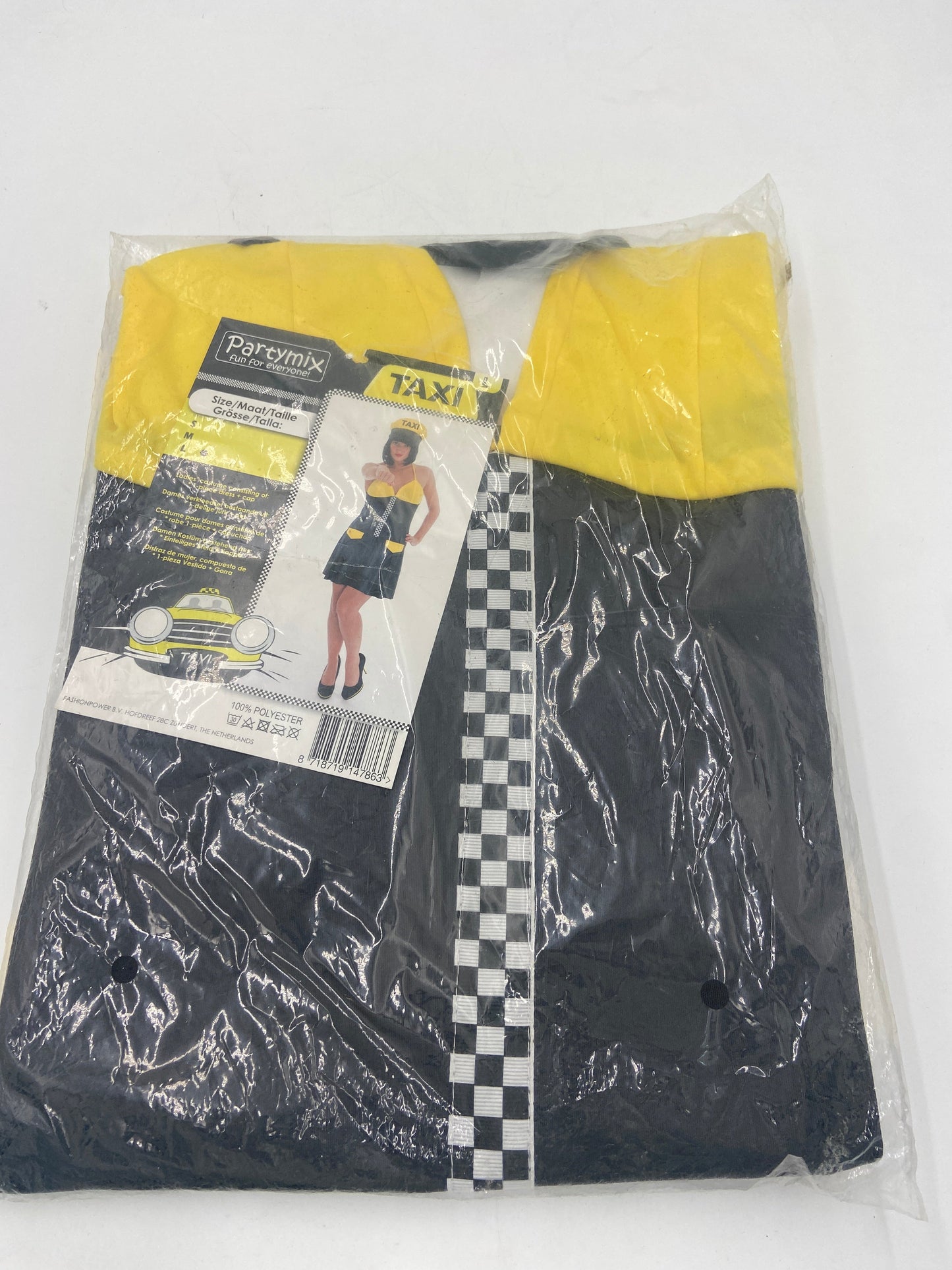 Sexy Taxi Verkleedjurk Dames – Zwart Geel Kostuum met Pet – Maat S / M / L