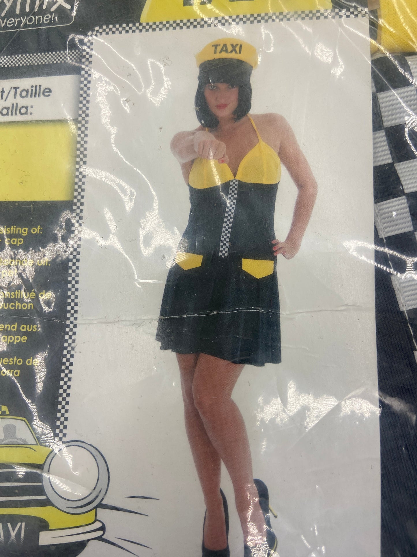 Sexy Taxi Verkleedjurk Dames – Zwart Geel Kostuum met Pet – Maat S / M / L