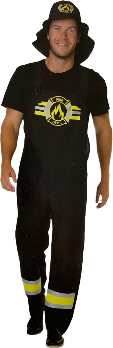 Brandweerman Kostuum Zwart – Verkleedset met Shirt, Tuinbroek en Hoed – Maat M L XL