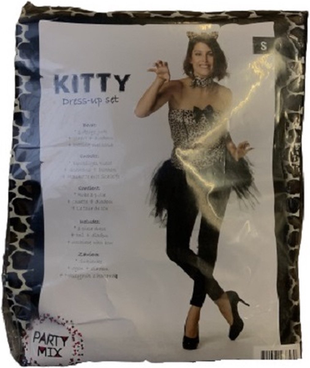 Kitty Verkleedset Panterprint – Dames Kostuum – Maat S / M / L – Jurk met Staart en Oortjes