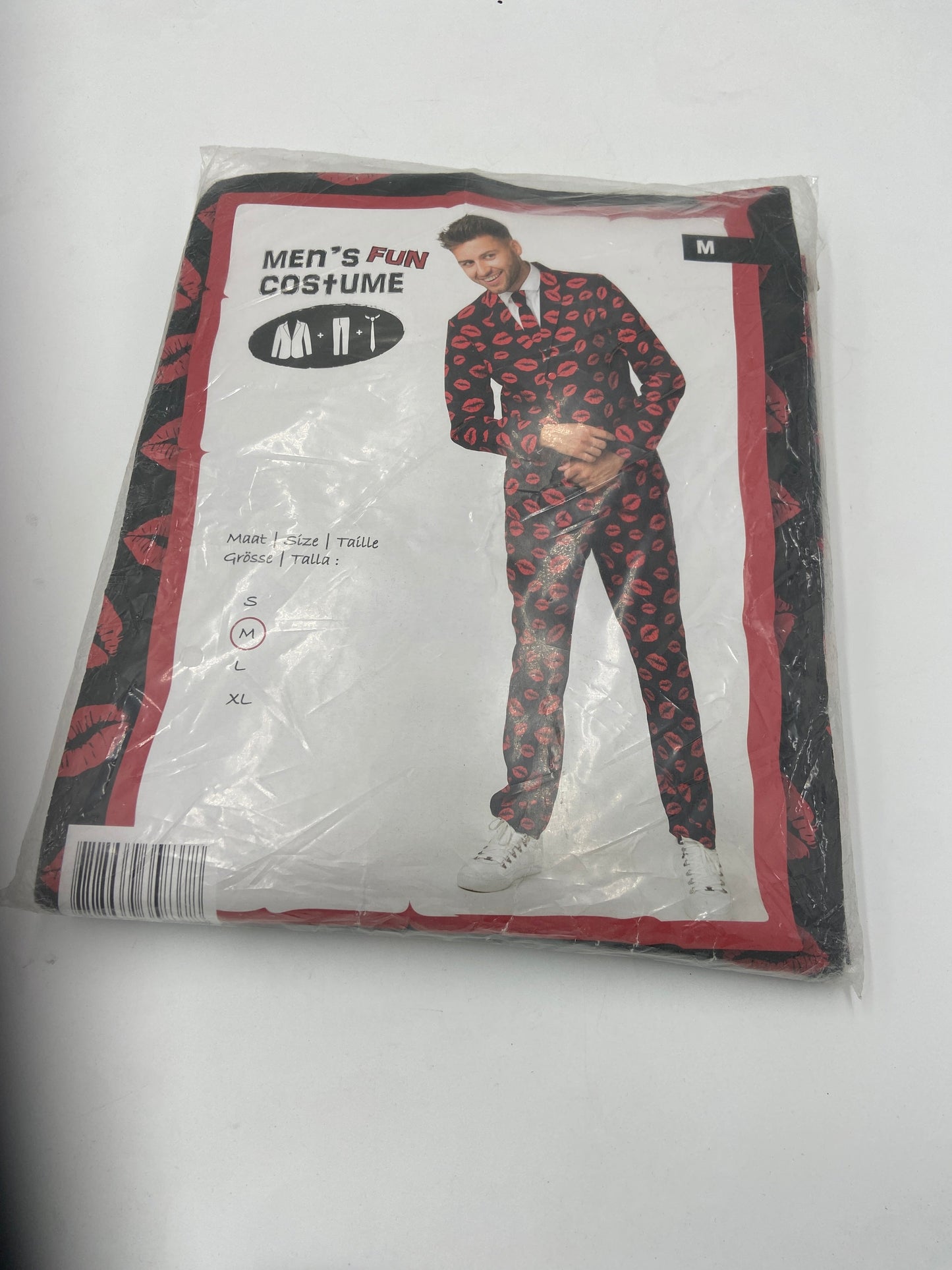 Heren Pak met Lippenprint – Fun Costume – Maat M – Colbert, Broek & Stropdas