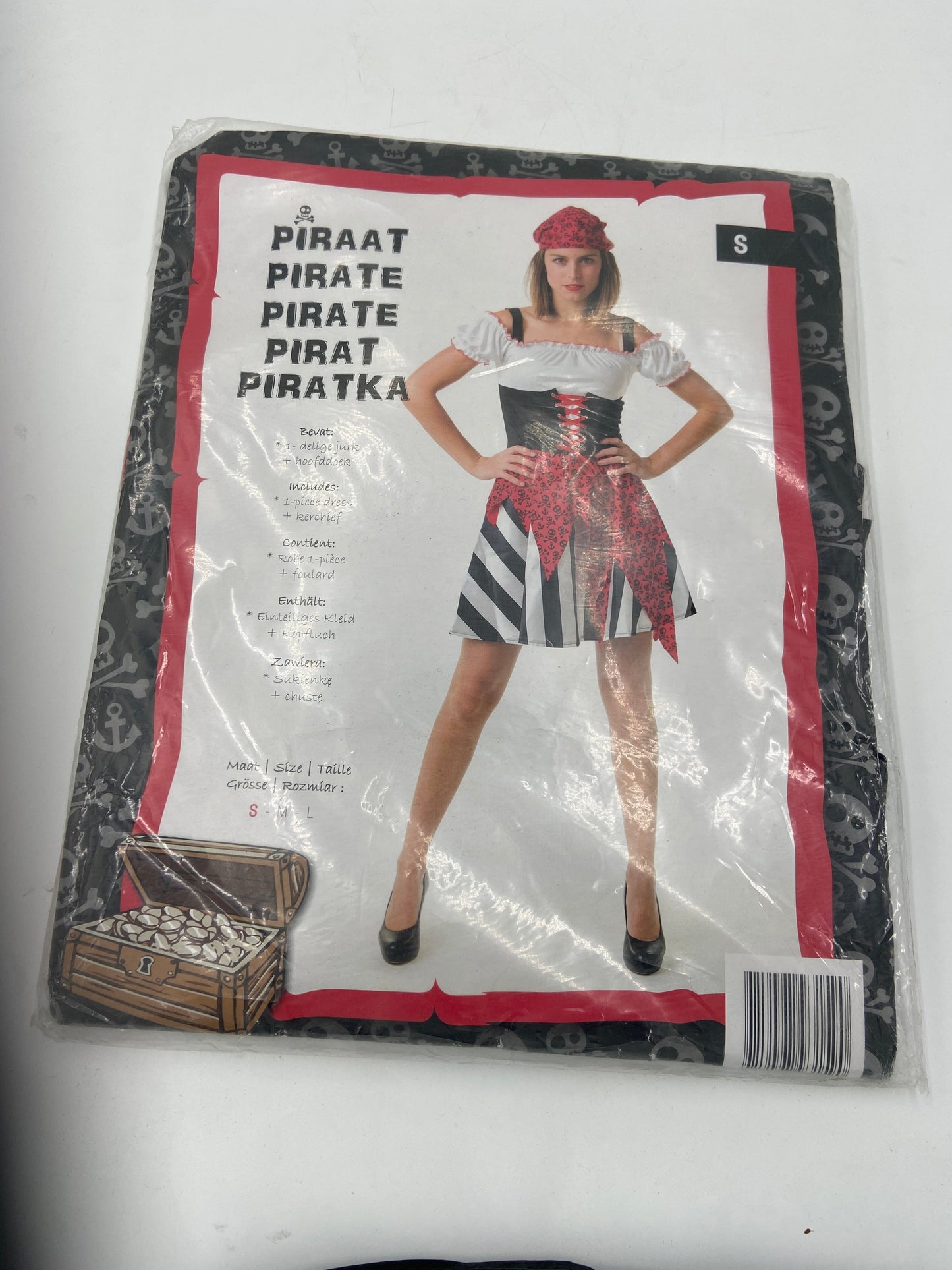 Piraat Verkleedjurk Dames – Rood Zwart Kostuum met Hoofddoek – Maat S