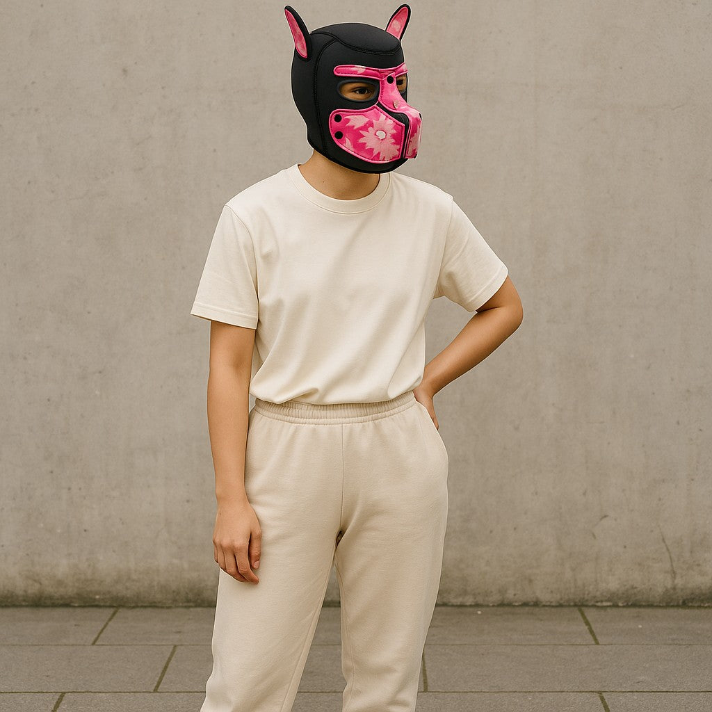 Pup Play Masker – Roze Camouflage Puppy Hood | Neopreen met Afneembare Snuit