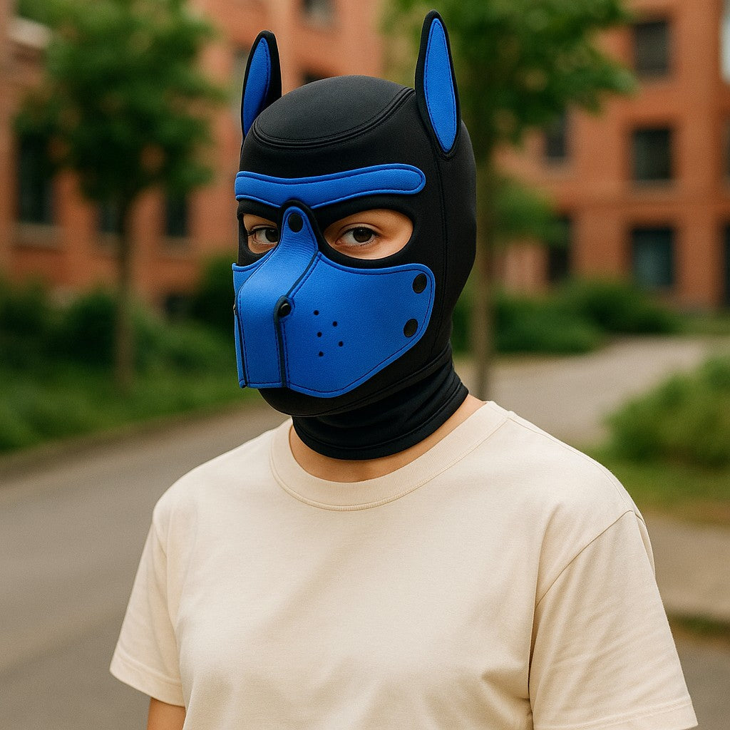 Pup Play Masker – Zwart met Blauw | Neopreen Puppy Hood met Afneembare Snuit