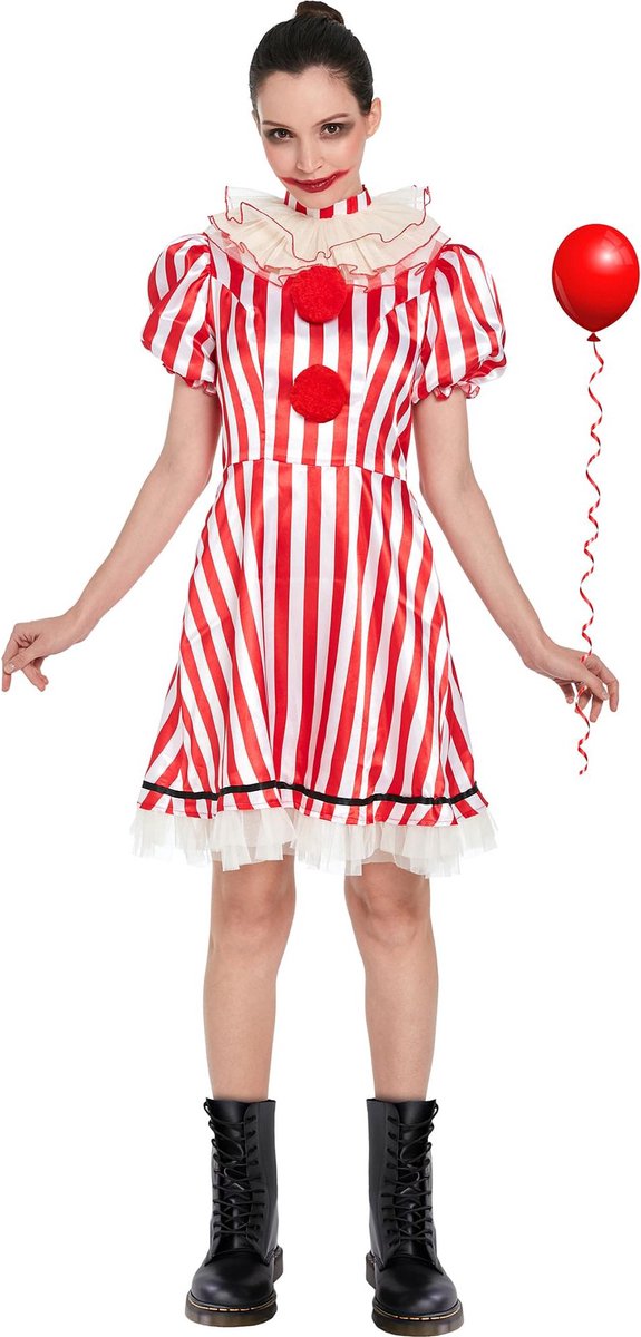 Vrouwelijk Clownkostuum met Rode-Witte Strepen – Jurk met Pompons & Ruches Maat L