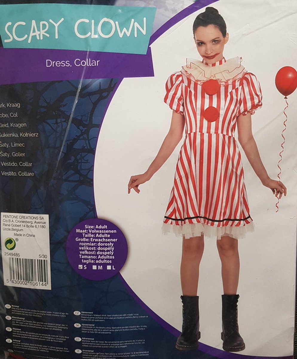 Vrouwelijk Clownkostuum met Rode-Witte Strepen – Jurk met Pompons & Ruches Maat L