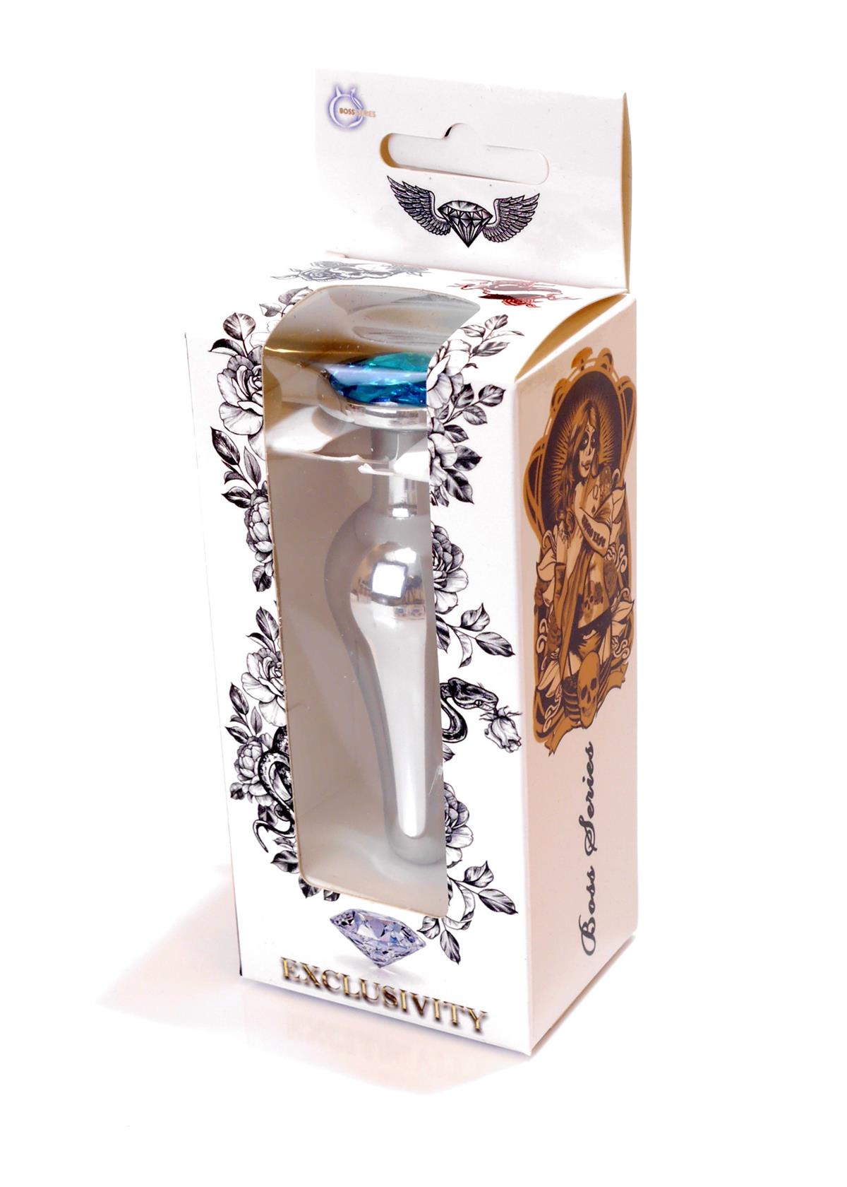 Bossoftoys - 64-00076 - Silver big Butt Plug - anal plug with Light blue stone - length 9 cm - dia 2.9 cm - color window box
