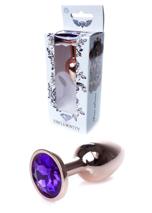 Analplug Roségold mit violettem Stein 7 cm