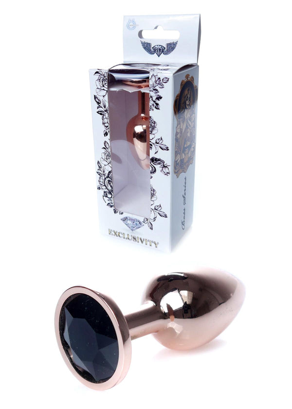 Analplug Roségold mit schwarzem Stein – 7 cm