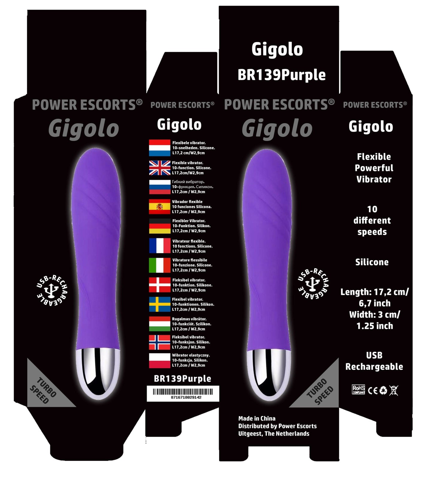 Power Escorts Gigolo G Spot Vibrator - Purple - Rechargeable - BR139