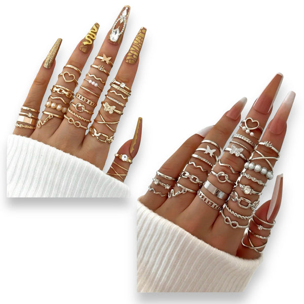 Boho-Ringset, 30 Stück – Gold oder Silber, 1,6–1,9 cm