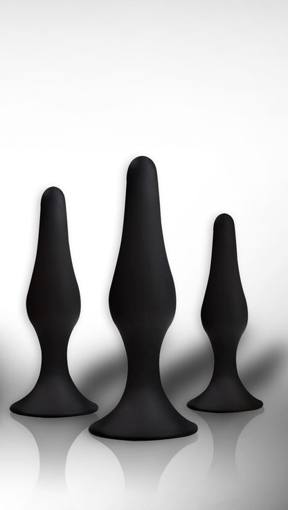 Power Escorts - BR12Black - Silicone Anal Plug 3 Pack Set - Strong Suction Cup