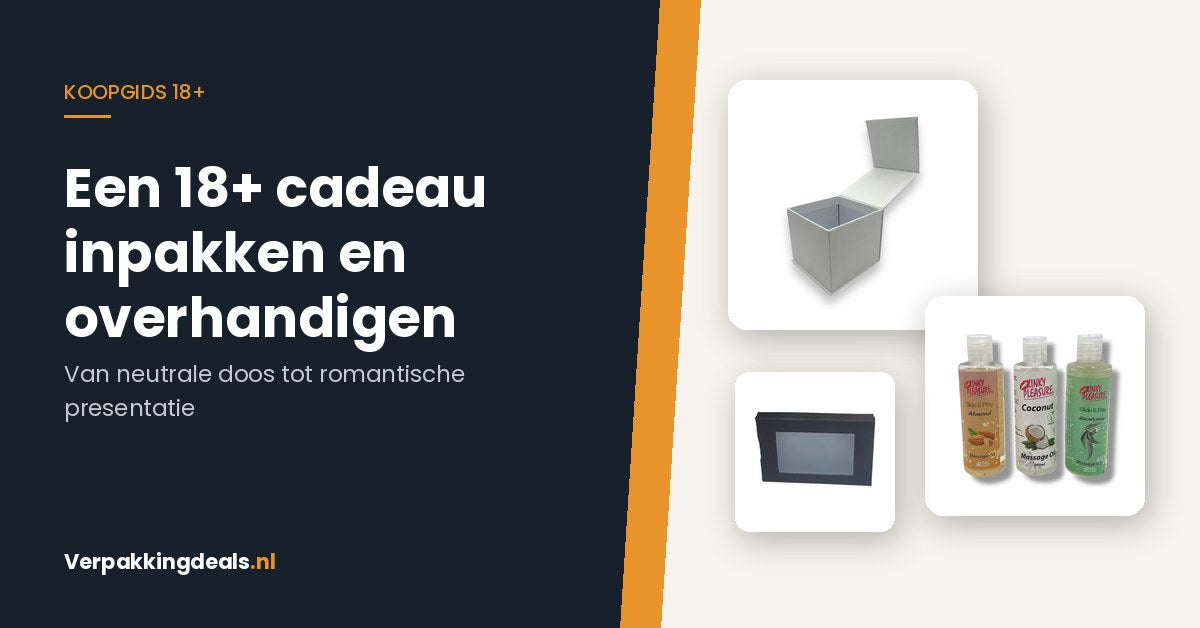 18+ cadeau inpakken: cadeaudoos, verzenddoos en massage-olie in nette presentatie