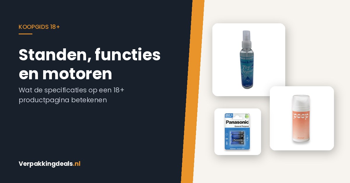 Header met toycleaner, glijmiddel en batterijen bij een artikel over standen en functies van 18+ artikelen