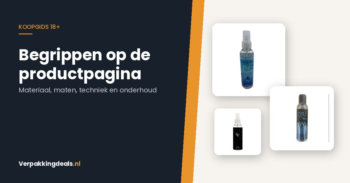 Flacons toycleaner en glijmiddel bij een uitleg van begrippen op een 18+ productpagina