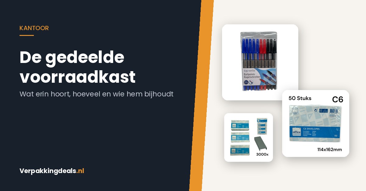 Balpennen, enveloppen en nietjes naast de tekst De gedeelde voorraadkast
