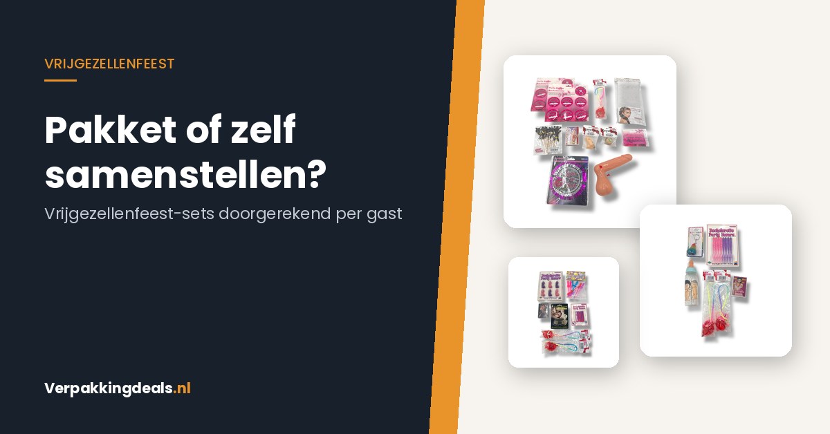 Drie vrijgezellenfeest-pakketten in verpakking naast de tekst Pakket of zelf samenstellen