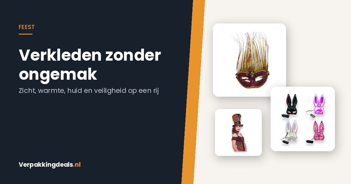 Venetiaans masker, led-masker en steampunk hoge hoed naast de tekst Verkleden zonder ongemak