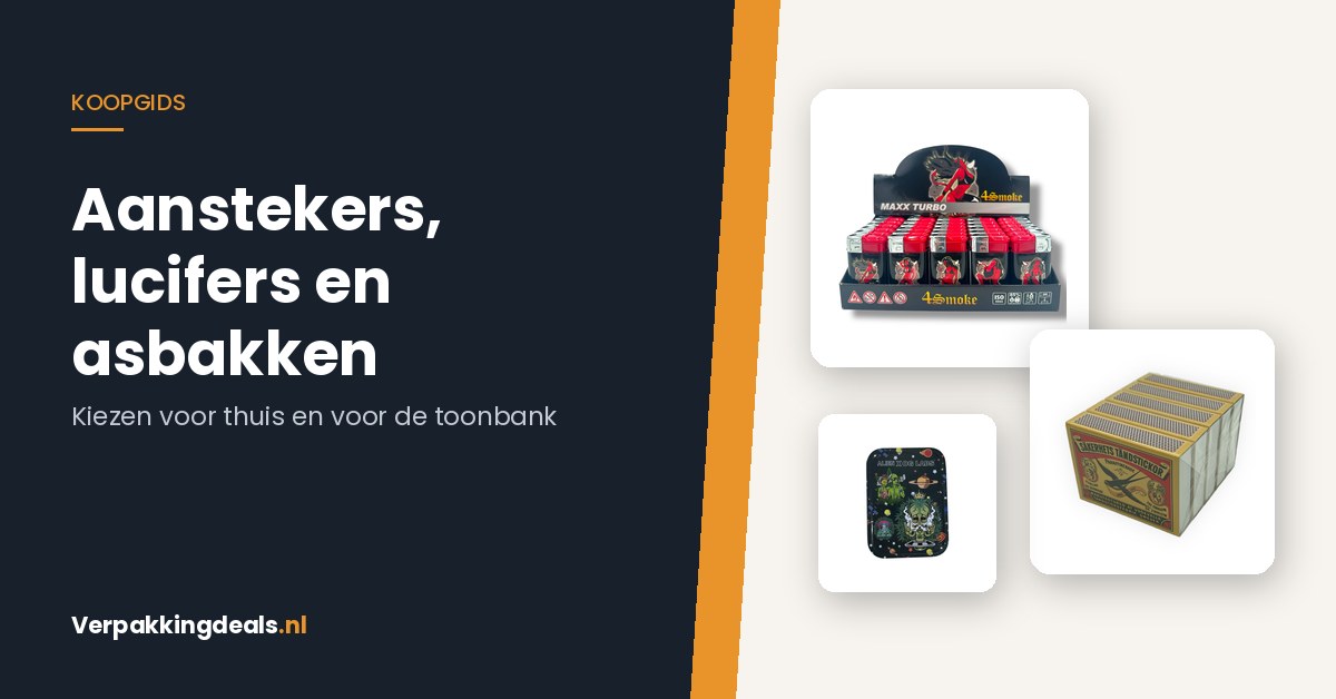 Turbo-aanstekers, een pakje lucifers en een metalen opbergblikje naast elkaar
