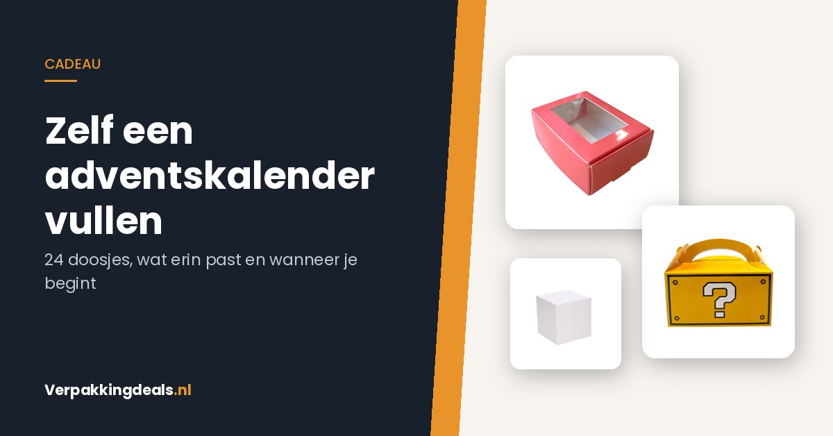 Rode cadeaudoos met venster, gele traktatiedoos en witte kubusdoos voor een zelfgemaakte adventskalender
