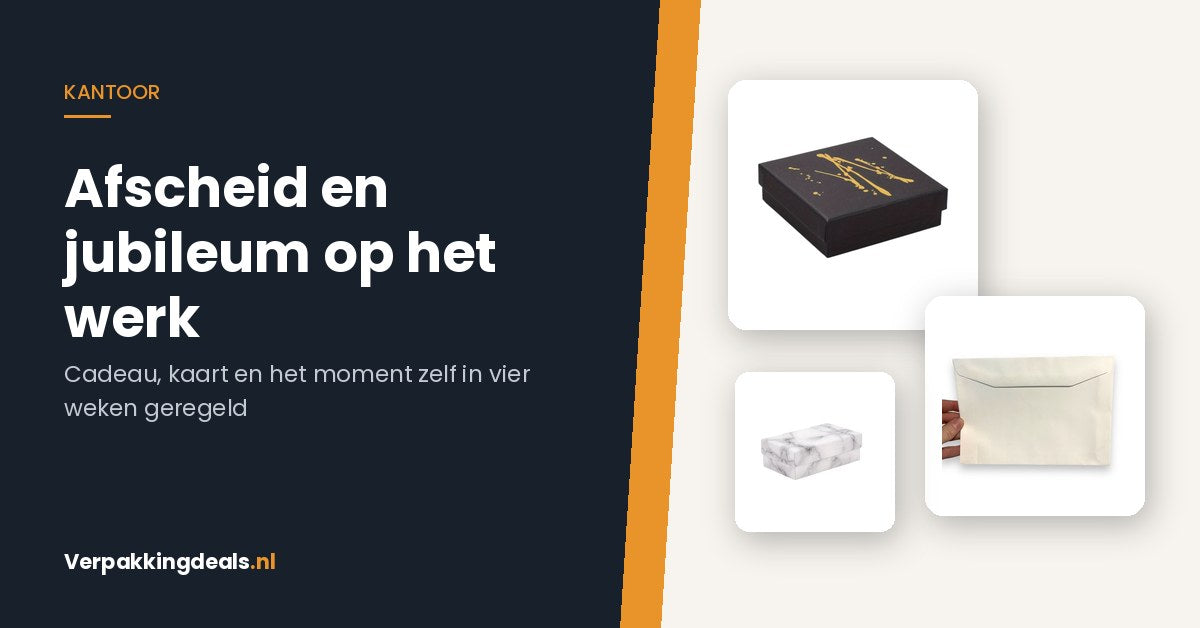 Cadeaudoosjes en wenskaartenveloppen voor een afscheid of jubileum op het werk