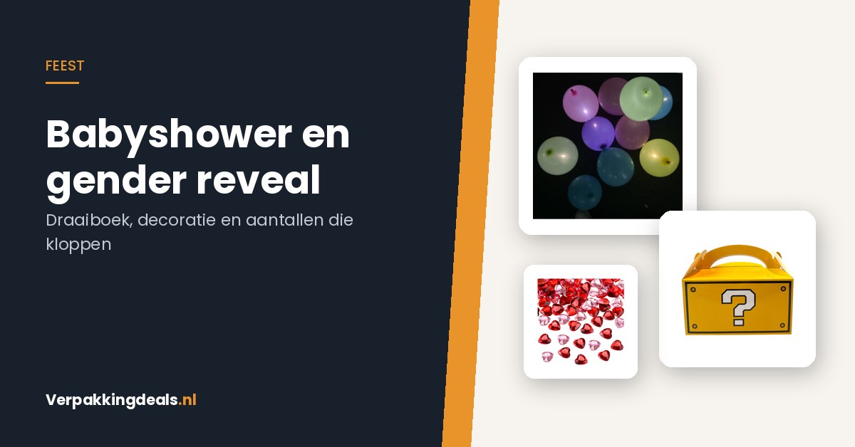 LED-ballonnen, gele traktatiedoos en acryl hartjes voor een babyshower of gender reveal