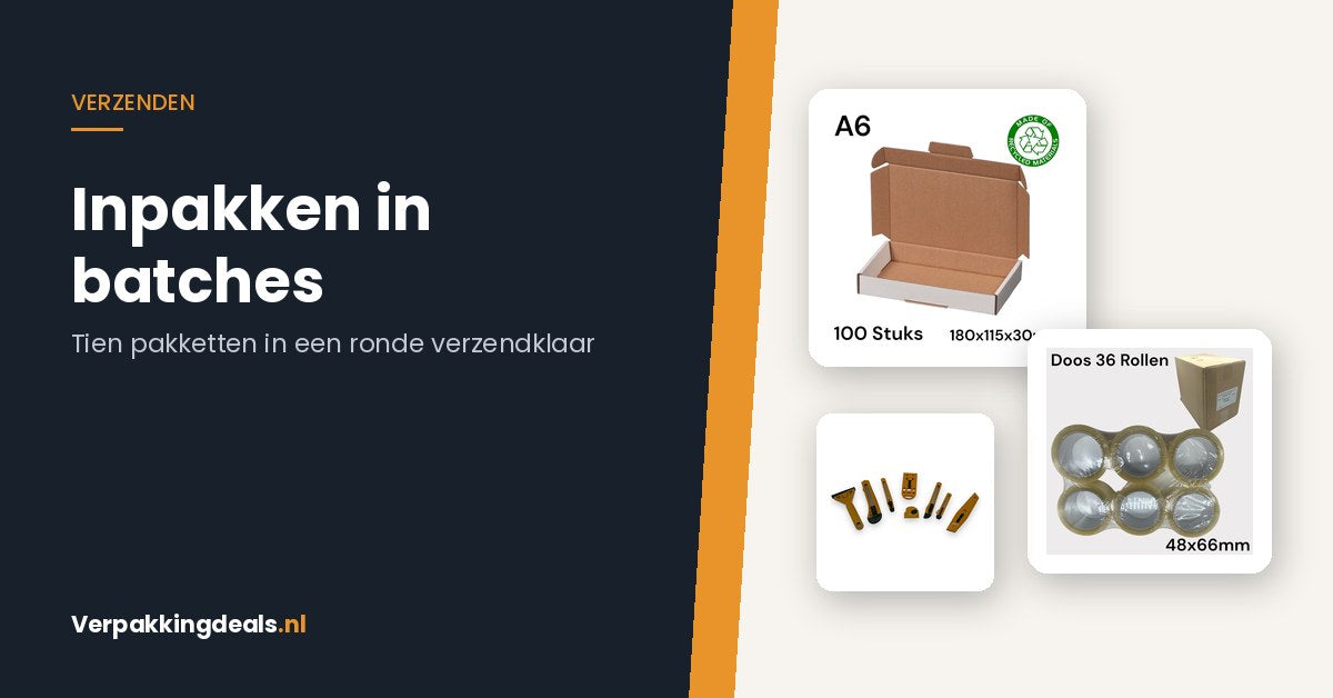 Brievenbusdozen, verpakkingstape en magazijnmesjes voor het inpakken van bestellingen in batches