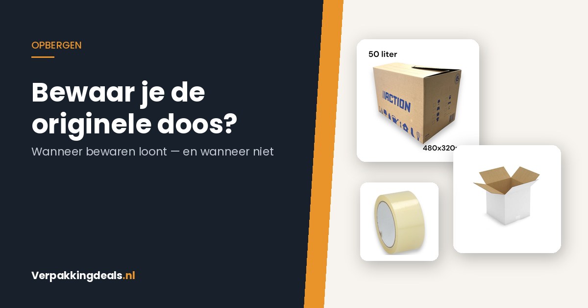 Verhuisdoos, witte kartonnen verzenddoos en een rol verpakkingstape naast de titel Bewaar je de originele doos?