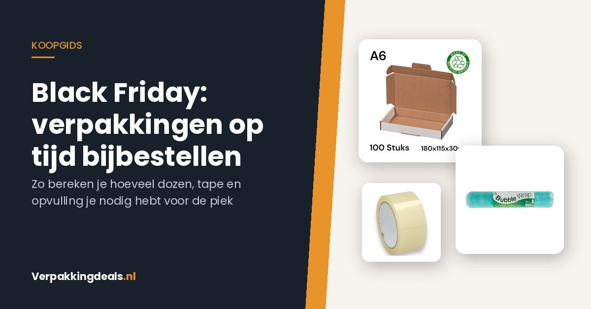 Verpakkingsvoorraad plannen voor Black Friday: A6-brievenbusdozen, noppenfolie en verpakkingstape