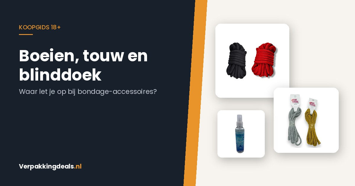 Opgerold bondagetouw, jute touw en een reinigingsspray naast de titel Boeien, touw en blinddoek