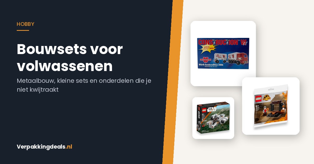 Metaalbouwset en twee kleine bouwsteensets naast de titel Bouwsets voor volwassenen