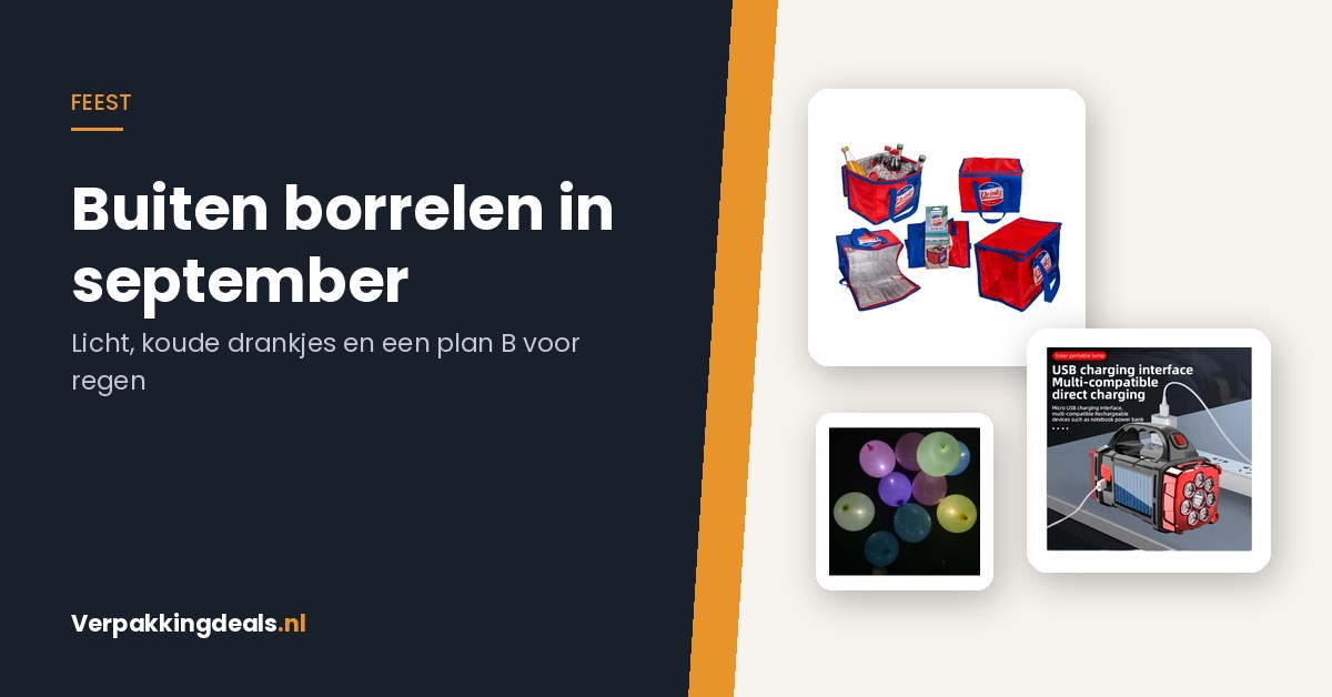 Koeltas, solar campinglamp en LED-ballonnen voor een borrel buiten in september