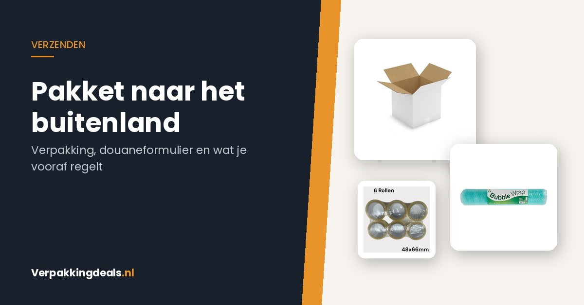 Witte verzenddoos, noppenfolie en rollen verpakkingstape voor een pakket naar het buitenland