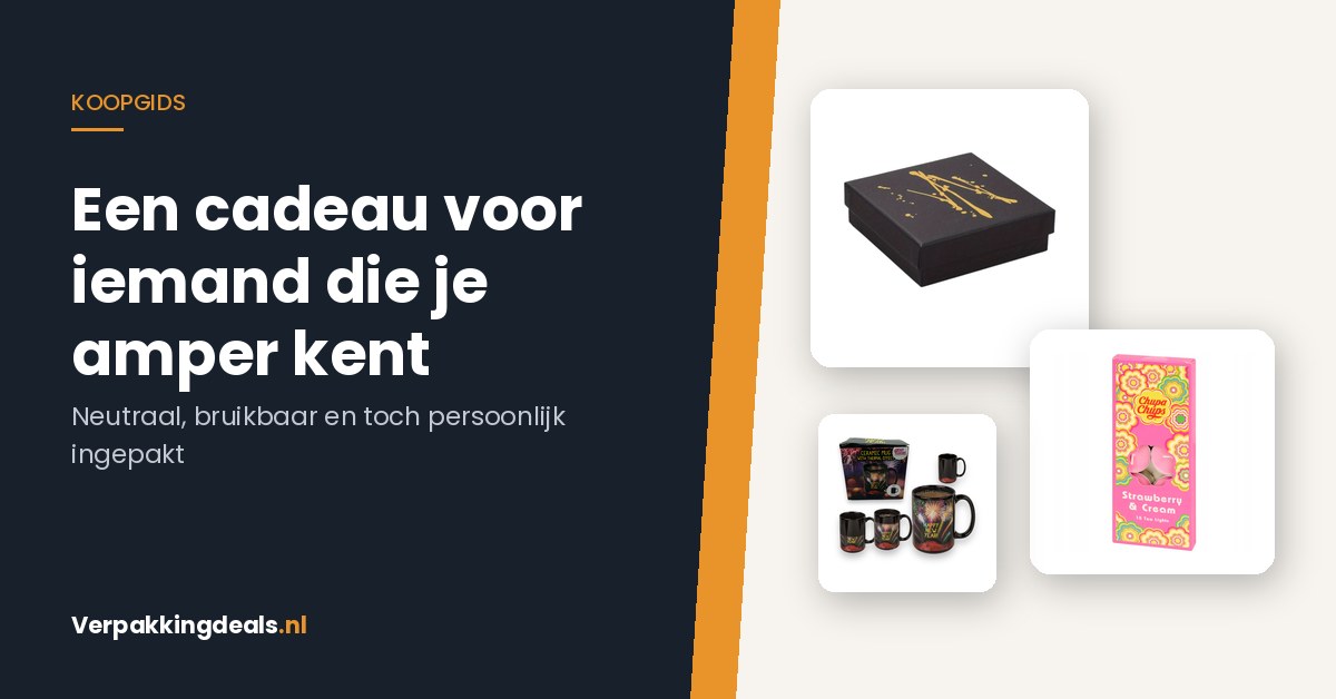 Luxe cadeaudoosje, geurkaarsen en een mok bij de titel over een cadeau voor iemand die je amper kent